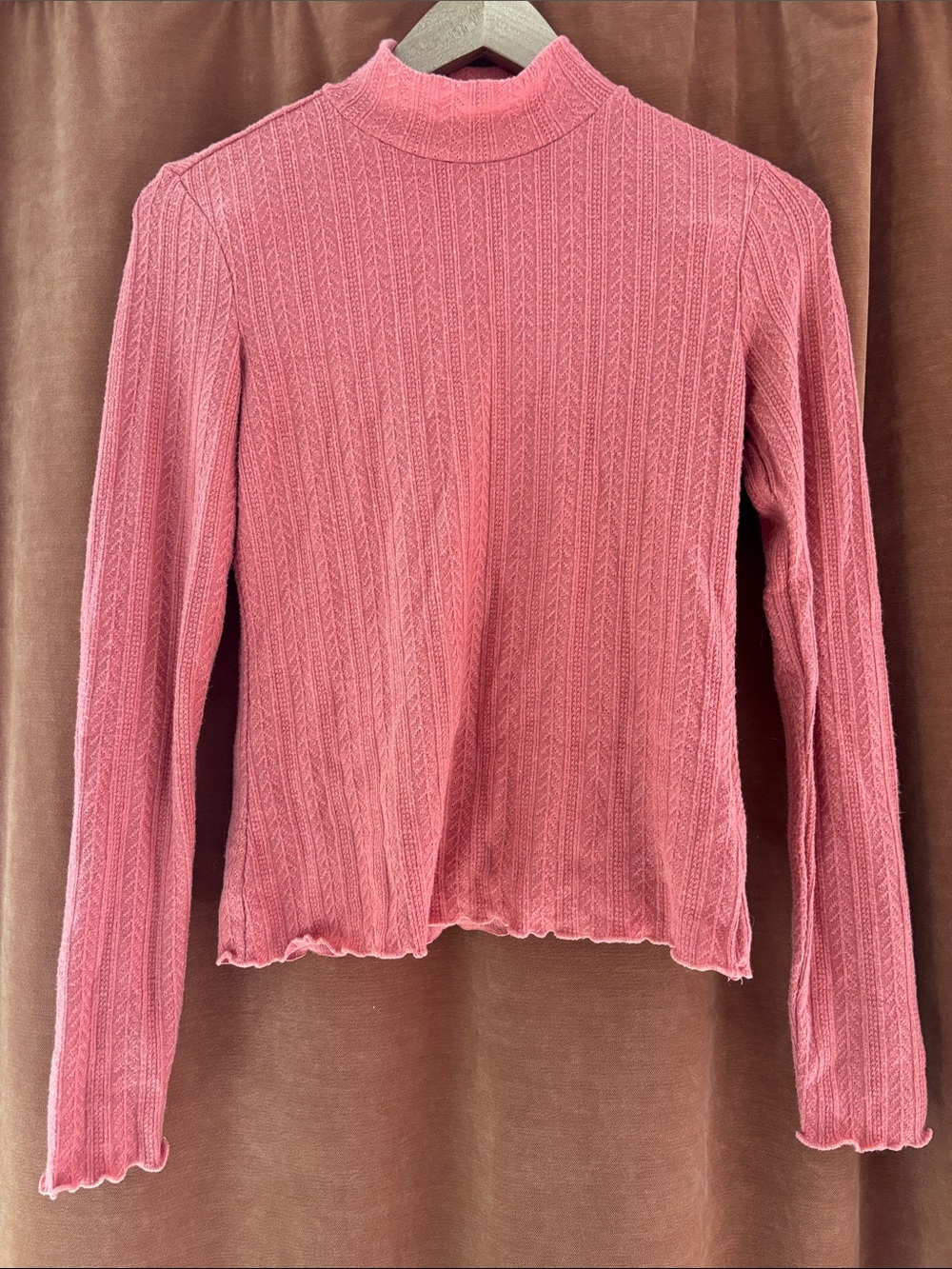 Ribbed Mock Neck Long Sleeve Tee in Rose Pink